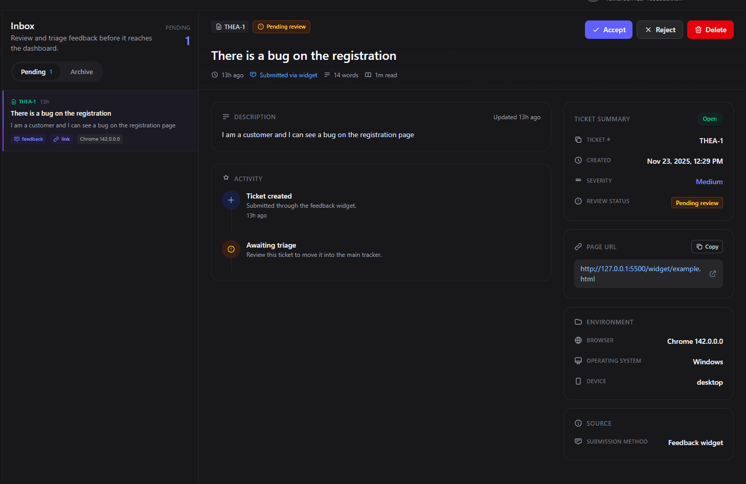 TriageFlow bug tracking inbox